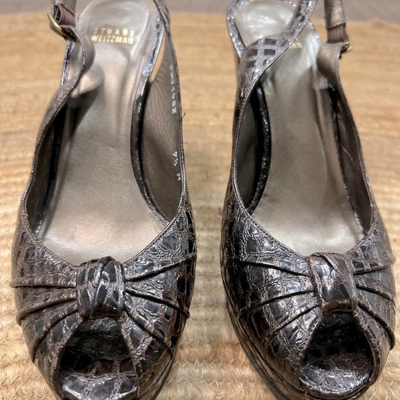 STUART WIETZMAN 9.5 Autumn Brown Peep Toe Crocodile Platform Ankle Strap Heels - Picture 6 of 8